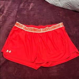 Under Armour Women's Bright Red Athletic Shorts with Branded Waistband